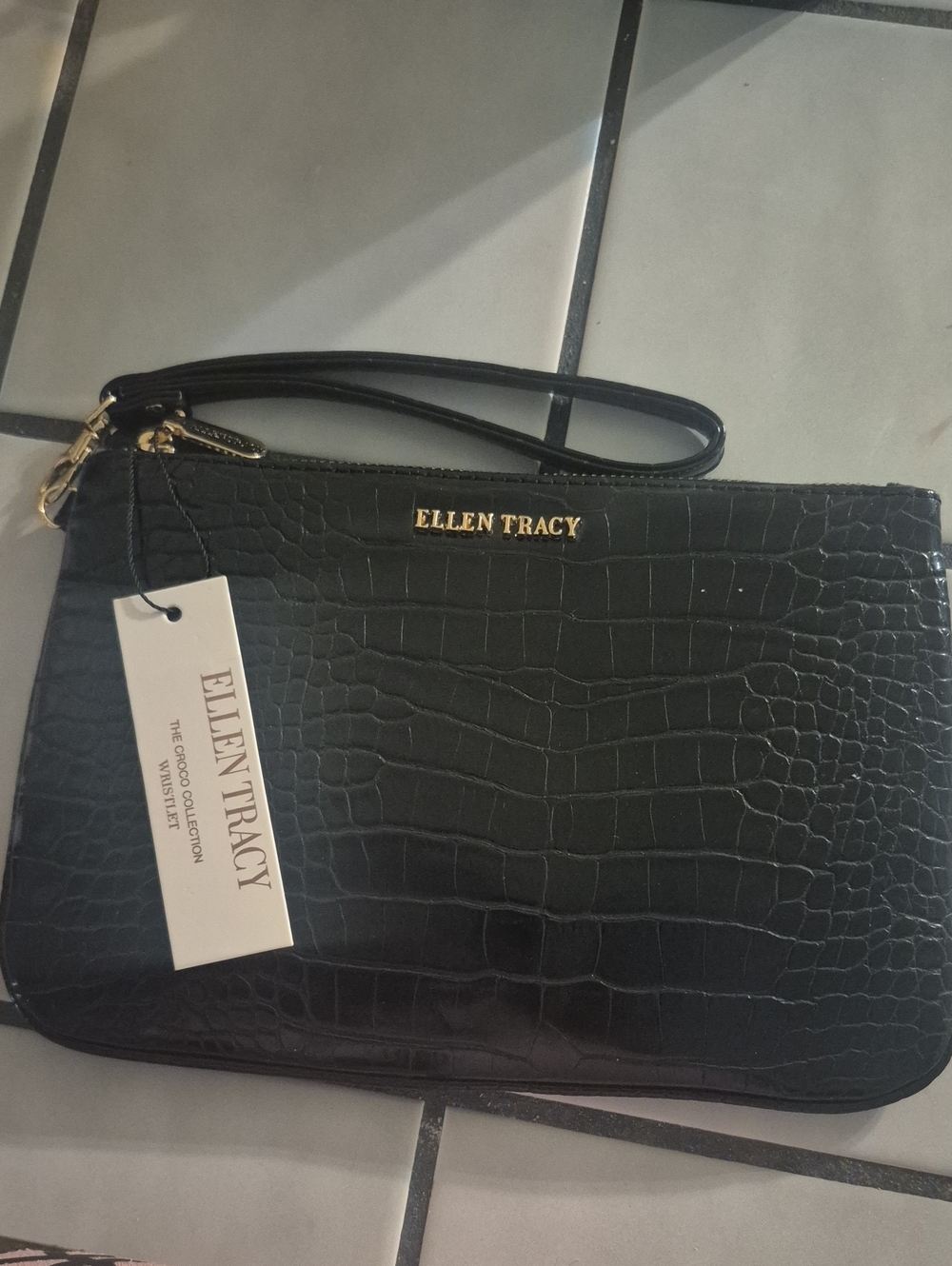 Ellen Tracy Black Croc-Embossed Wristlet with Gold Logo